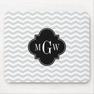 Lt Gray Wht Chevron Black Quatrefoil 3 Monogram Tn Muismat