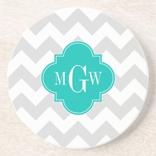Lt Gray Wht Chevron Blauwgroen Quatrefoil 3 Monogr Zandsteen Onderzetter (Voorkant)