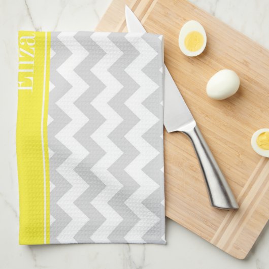 Lt Gray Wht Chevron Yellow Name Monogram Theedoek (Quarter Fold)