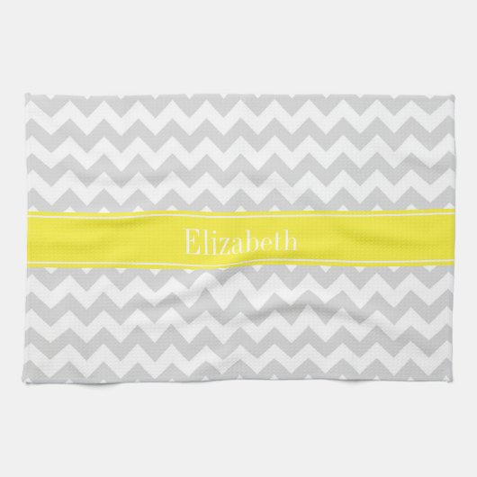 Lt Gray Wht Chevron Yellow Name Monogram Theedoek (Horizontaal)