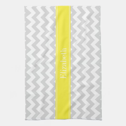 Lt Gray Wht Chevron Yellow Name Monogram Theedoek (Verticaal)