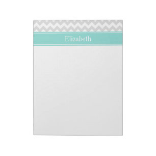 Lt Gray Wht Chevron ZigZag Aqua Name Monogram Notitieblok