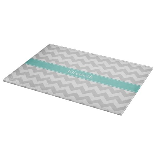 Lt Gray Wht Chevron ZigZag Aqua Name Monogram Snijplank (Hoek)