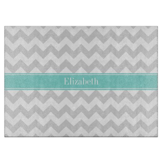 Lt Gray Wht Chevron ZigZag Aqua Name Monogram Snijplank (Voorkant)