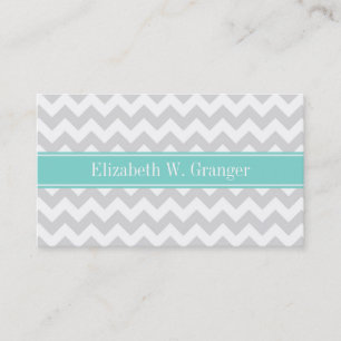 Lt Gray Wht Chevron ZigZag Aqua Name Monogram Visitekaartje