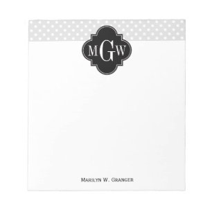 Lt Gray Wht Polka Dots Black Quatrefoil 3 Monogram Notitieblok