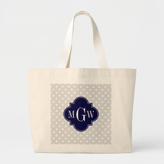 Lt Gray Wht Polka Dots Navy Quatrefoil 3 Monogram Grote Tote Bag (Voorkant)