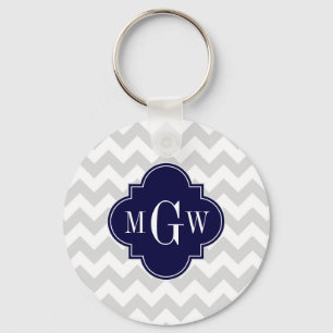 Lt Gray Wt Chevron Navy Blue Quatrefoil 3 Monogram Sleutelhanger