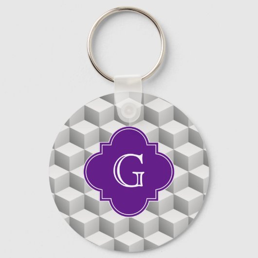 Lt Grijs, wit 3D, kubussen, Paars monogram Sleutelhanger (Voorkant)
