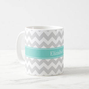 Lt Grijs Wit Chevron Aqua Turquoise Naam Initiaalm Koffiemok