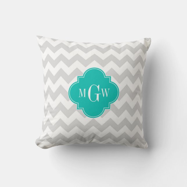 Lt Grijs Wit Chevron Teal Vierblad 3 Monogram Kussen (Voorkant)