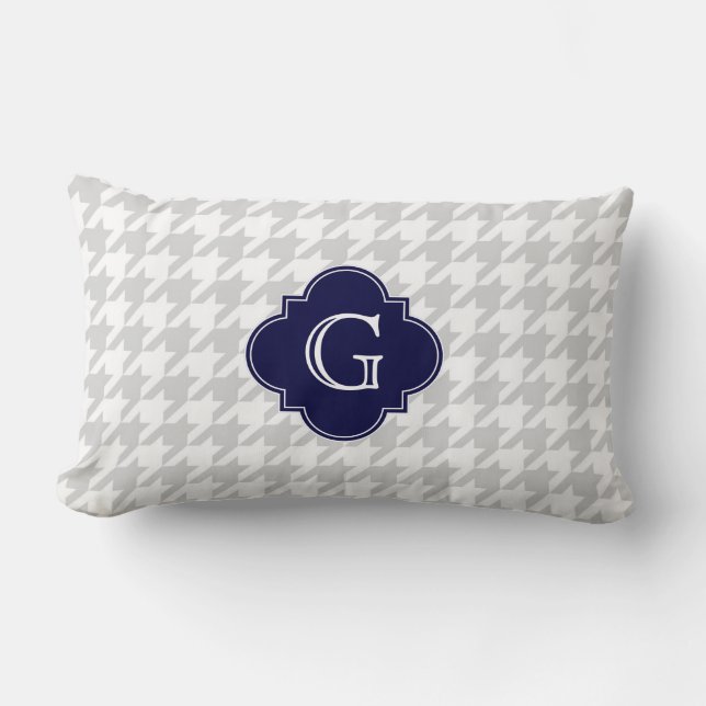Lt Grijs Wit Hondentandmotief Navy Monogram Label Kussen (Voorkant)