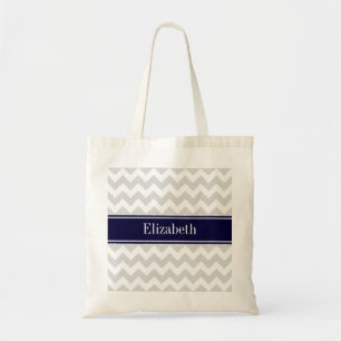 Lt Grijs Witte Chevrons Marineblauw Naam Initiaalm Tote Bag