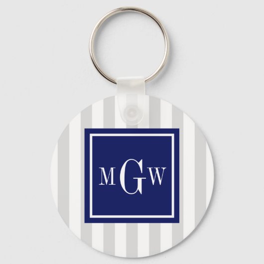 Lt Grijze witte streep marinevierkant 3 monogram Sleutelhanger (Voorkant)