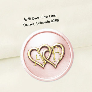 Lt Roze Twee Hartjes Gouden Monogram Trouw 2 Ronde Sticker