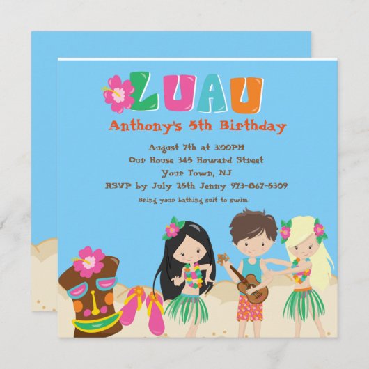 Luau avec les enfants et Tiki Invitation d'anniver (Devant / Derrière)