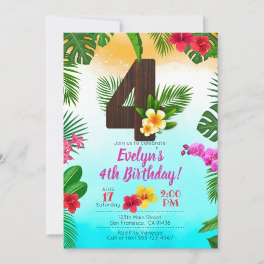 Luau Birthday, Uitnodiging Luau Partij 4e verjaard (Voorkant)