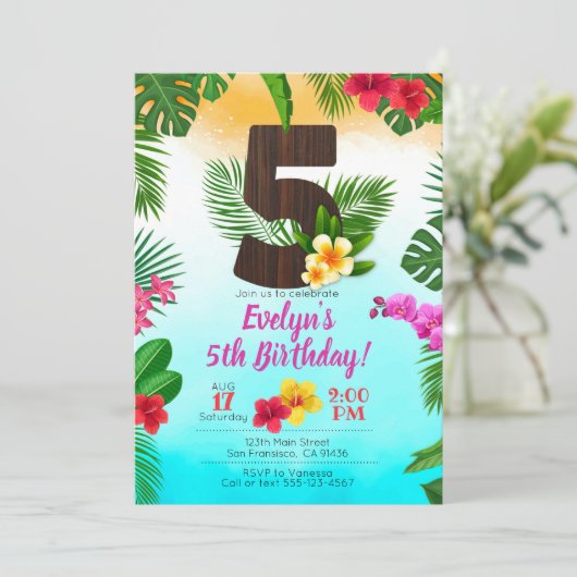 Luau Birthday, Uitnodiging Luau Partij 5e verjaard (Staand voorkant)