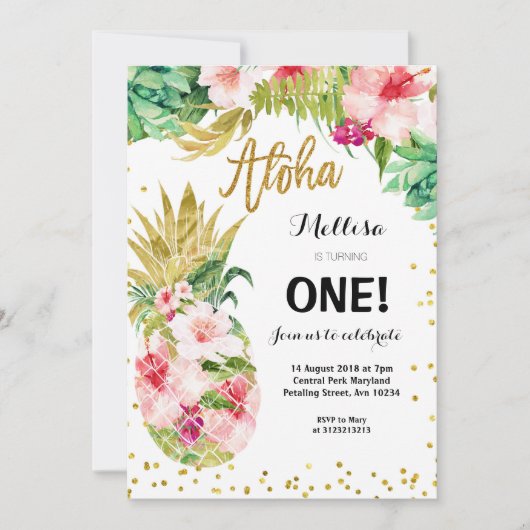 Luau Gold Pineapple eerste verjaardag uitnodiging (Voorkant)