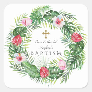 Luau Hawaïaanse Tropische Bloemen Krans Doop Vierkante Sticker