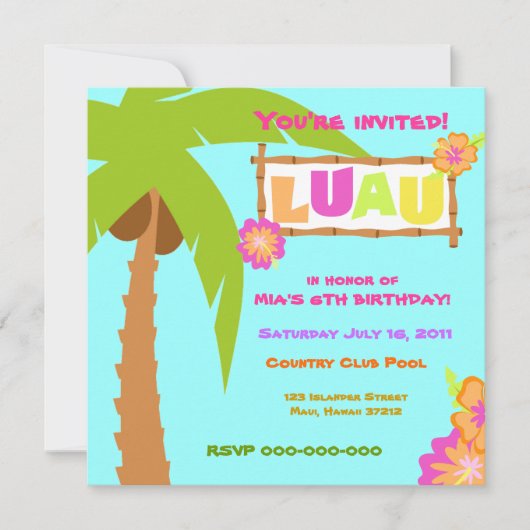 Luau Invitation Blue Kaart (Voorkant)