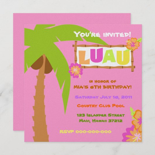 Luau Invitation rose (Devant / Derrière)