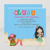 Luau Met Girl en Tiki Square Birthday Invitation Kaart (Voorkant / Achterkant)