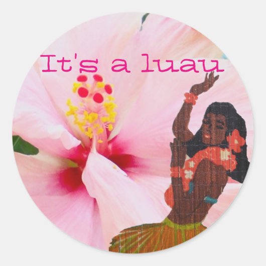 Luau Roze Hibiscus en Grass Rok Hula Meisje Ronde Sticker (Voorkant)