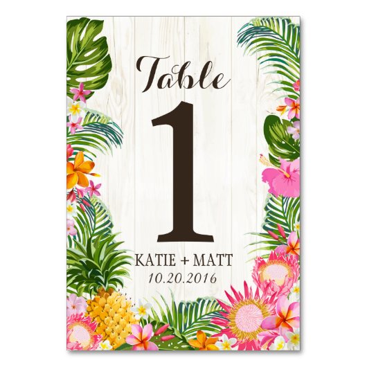 Luau Tropical Floral Rustic Wood Tafelnummer (Voorkant)