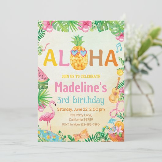 Luau Verjaardag Uitnodiging Hawaïaanse Tropische P (Staand voorkant)