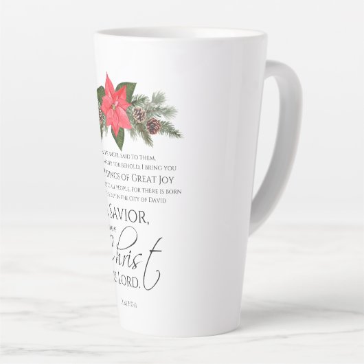 Lucas 2:10-11 Poinsettia Kerstmis Schrift Latte Mok (Rechterhoek)