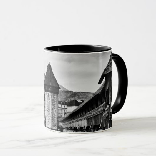 Lucerne city chapel bridge black/white photo mug mok (Voorkant rechts)