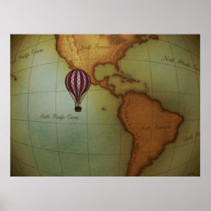 Luchtballon boven Westerne hemisphere-kaart Poster