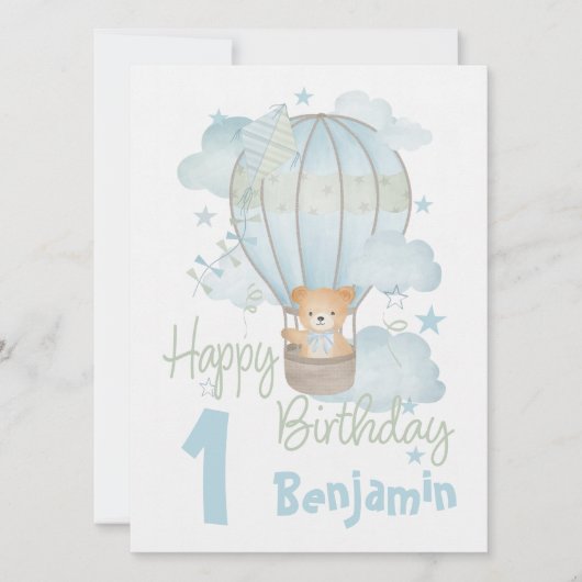 Luchtballon met Teddy Blue Birthday briefkaart (Voorkant)