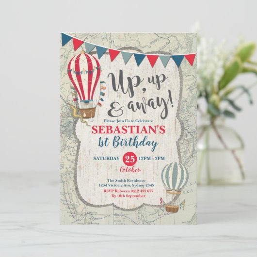 luchtballonavontuur 1e verjaardag kaart (Staand voorkant)