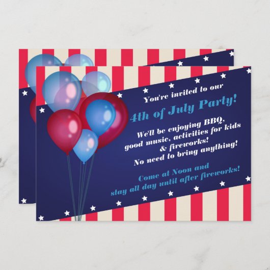 Luchtballonnen en stripes 4 e uitnodiging van juli (Voorkant / Achterkant)