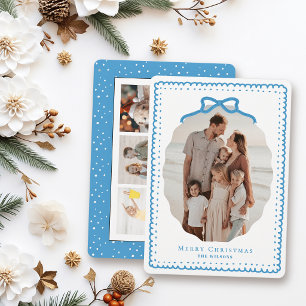 Luchtblauwe Doodle Lijstjes & Strik 4 Foto Kerstmi Feestdagenkaart