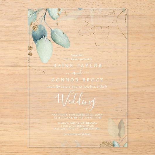 Luchtig groen Goudblad Witte Eucalyptus bruiloft Acryl Uitnodigingen (Voorkant)