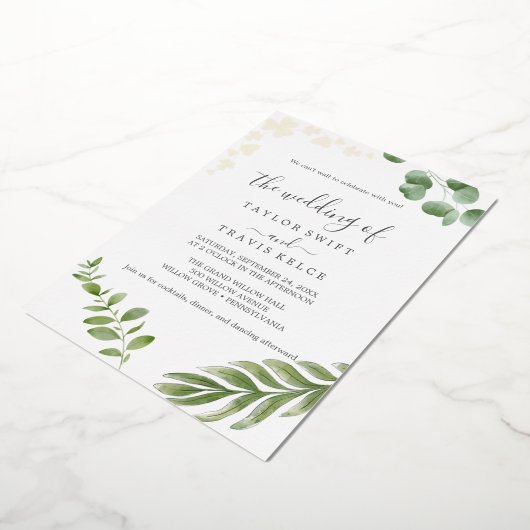 luchtig groen | Gouden geperste Blad Bladbruiloft Folie Uitnodiging (Gedraaid)