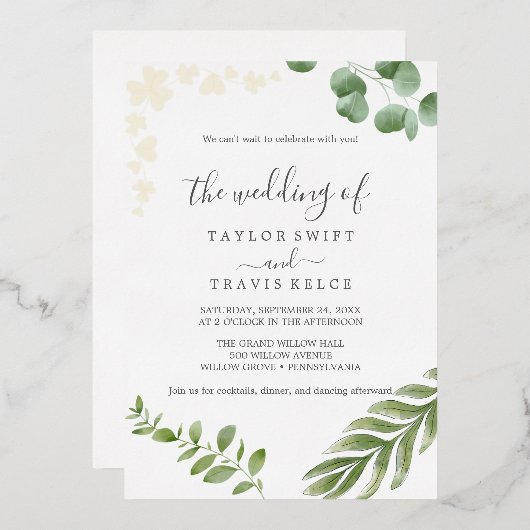 luchtig groen | Gouden geperste Blad Bladbruiloft Folie Uitnodiging (Voorkant / Achterkant)