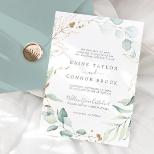 Luchtige Groene en Gouden Blad Formal Trouwen Kaart