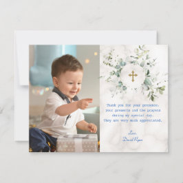 Luchtige groene marmeren foto jongen goud doopsel  bedankkaart