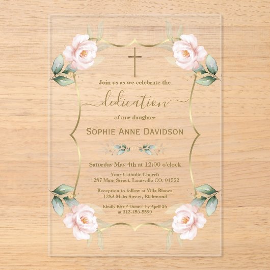 Luchtige groene roze bloemige meisjes charme bloem acryl uitnodigingen (Voorkant)