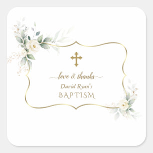 Luchtige groene witte bloemen jongensdoop vierkante sticker