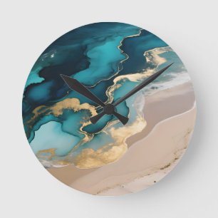 Luchtige Oceaan Hars Golven Turquoise Goud Kust Ronde Klok