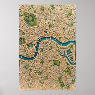 Luchtkaart van Londen en rivier de Theems als wand Poster