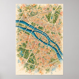 Luchtkaart van Parijs en stadsplattegrond langs de Poster