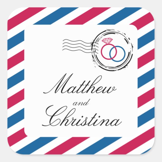 Luchtpostzegel en trouwringen vierkante sticker (Voorkant)
