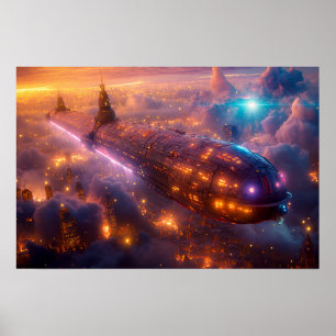 Luchtschip dat boven de stad vliegt poster