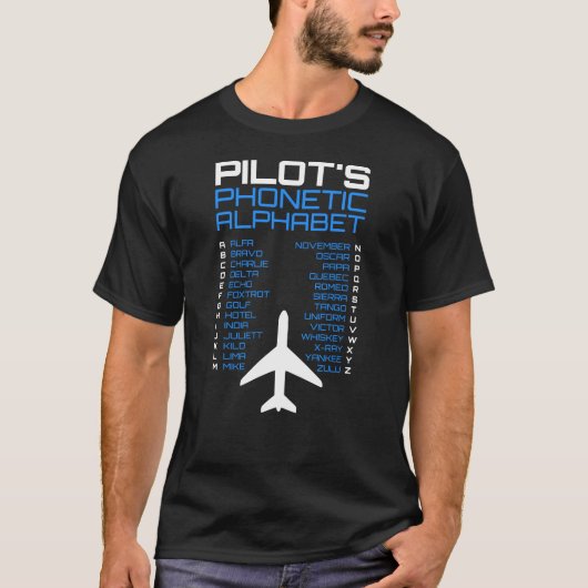 Luchtvaart fonetische code met Vliegtuig Symbool T-shirt (Voorkant)